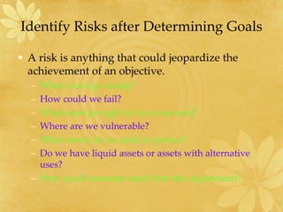 Identify Risks after Determining Goals
• A risk is anything that could jeopardize the
achievement of an objective.
– What could go wrong?
– How could we fail?
– What must go right for us to succeed?
– Where are we vulnerable?
– What assets do we need to protect?
– Do we have liquid assets or assets with alternative
uses?
– How could someone steal from the department?
 