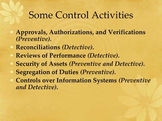 Some Control Activities
• Approvals, Authorizations, and Verifications
(Preventive).
• Reconciliations (Detective).
• Reviews of Performance (Detective).
• Security of Assets (Preventive and Detective).
• Segregation of Duties (Preventive).
• Controls over Information Systems (Preventive
and Detective).
 