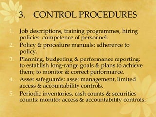 3. CONTROL PROCEDURES
1. Job descriptions, training programmes, hiring
policies: competence of personnel.
2. Policy & procedure manuals: adherence to
policy.
3. Planning, budgeting & performance reporting:
to establish long-range goals & plans to achieve
them; to monitor & correct performance.
4. Asset safeguards: asset management, limited
access & accountability controls.
5. Periodic inventories, cash counts & securities
counts: monitor access & accountability controls.
 