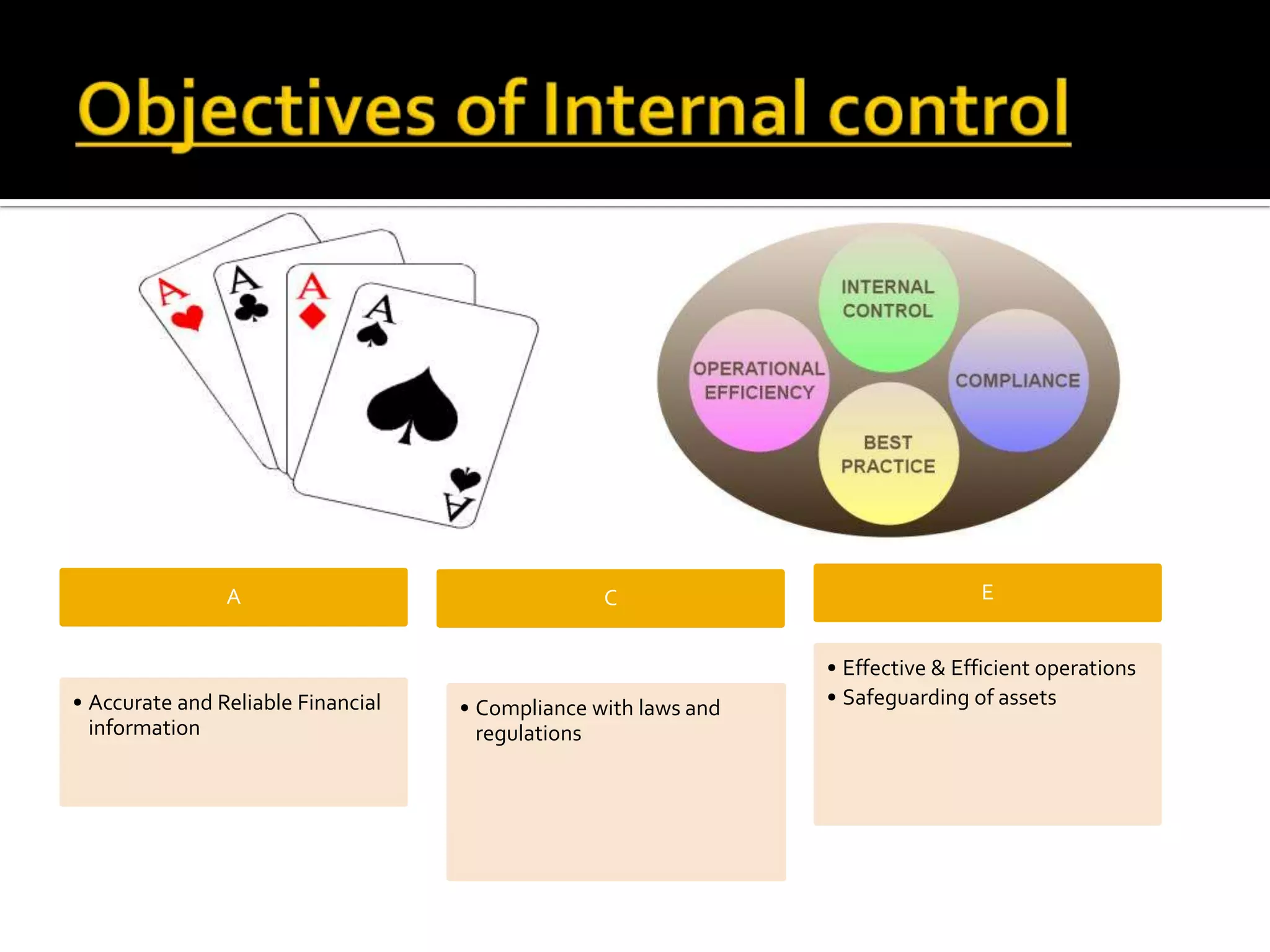 A                                 C                               E


                                                                 • Effective & Efficient operations
• Accurate and Reliable Financial   • Compliance with laws and   • Safeguarding of assets
  information                         regulations
 