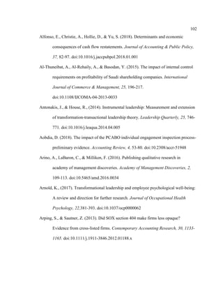 102
Alfonso, E., Christie, A., Hollie, D., & Yu, S. (2018). Determinants and economic
consequences of cash flow restatements. Journal of Accounting & Public Policy,
37, 82-97. doi:10.1016/j.jaccpubpol.2018.01.001
Al-Thuneibat, A., Al-Rehaily, A., & Basodan, Y. (2015). The impact of internal control
requirements on profitability of Saudi shareholding companies. International
Journal of Commerce & Management, 25, 196-217.
doi:10.1108/IJCOMA-04-2013-0033
Antonakis, J., & House, R., (2014). Instrumental leadership: Measurement and extension
of transformation-transactional leadership theory. Leadership Quarterly, 25, 746-
771. doi:10.1016/j.leaqua.2014.04.005
Aobdia, D. (2018). The impact of the PCABO individual engagement inspection process-
preliminary evidence. Accounting Review, 4, 53-80. doi:10.2308/accr-51948
Arino, A., LaBaron, C., & Milliken, F. (2016). Publishing qualitative research in
academy of management discoveries. Academy of Management Discoveries, 2,
109-113. doi:10.5465/amd.2016.0034
Arnold, K., (2017). Transformational leadership and employee psychological well-being:
A review and direction for further research. Journal of Occupational Health
Psychology, 22,381-393. doi:10.1037/ocp0000062
Arping, S., & Sautner, Z. (2013). Did SOX section 404 make firms less opaque?
Evidence from cross-listed firms. Contemporary Accounting Research, 30, 1133-
1165. doi:10.1111/j.1911-3846.2012.01188.x
 