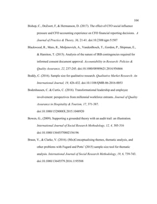104
Bishop, C., DeZoort, F, & Hermanson, D. (2017). The effect of CFO social influence
pressure and CFO accounting experience on CFO financial reporting decisions. A
Journal of Practice & Theory, 36, 21-41. doi:10.2308/ajpt-51507
Blackwood, R., Maio, R., Mrdjenovich, A., VandenBosch, T., Gordon, P., Shipman, E.,
& Hamiton, T. (2015). Analysis of the nature of IRB contingencies required for
informed consent document approval. Accountability in Research: Policies &
Quality Assurance, 22, 237-245. doi:10.1080/08989621.2014.956866
Boddy, C. (2016). Sample size for qualitative research. Qualitative Market Research: An
International Journal, 19, 426-432. doi:10.1108/QMR-06-2016-0053
Bodenhausen, C. & Curtis, C. (2016). Transformational leadership and employee
involvement: perspectives from millennial workforce entrants. Journal of Quality
Assurance in Hospitality & Tourism, 17, 371-387.
doi:10.1080/1528008X.2015.1048920
Bowen, G., (2009). Supporting a grounded theory with an audit trail: an illustration.
International Journal of Social Research Methodology, 12, 4, 305-316
doi:10.1080/13645570802156196
Braun, V., & Clarke, V. (2016). (Mis)Conceptualising themes, thematic analysis, and
other problems with Fugard and Potts’ (2015) sample-size tool for thematic
analysis. International Journal of Social Research Methodology, 19, 6, 739-743.
doi:10.1080/13645579.2016.1195588
 