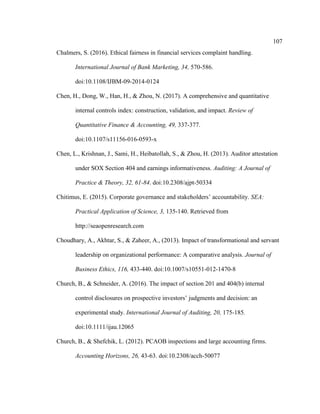 107
Chalmers, S. (2016). Ethical fairness in financial services complaint handling.
International Journal of Bank Marketing, 34, 570-586.
doi:10.1108/IJBM-09-2014-0124
Chen, H., Dong, W., Han, H., & Zhou, N. (2017). A comprehensive and quantitative
internal controls index: construction, validation, and impact. Review of
Quantitative Finance & Accounting, 49, 337-377.
doi:10.1107/s11156-016-0593-x
Chen, L., Krishnan, J., Sami, H., Heibatollah, S., & Zhou, H. (2013). Auditor attestation
under SOX Section 404 and earnings informativeness. Auditing: A Journal of
Practice & Theory, 32, 61-84. doi:10.2308/ajpt-50334
Chitimus, E. (2015). Corporate governance and stakeholders’ accountability. SEA:
Practical Application of Science, 3, 135-140. Retrieved from
http://seaopenresearch.com
Choudhary, A., Akhtar, S., & Zaheer, A., (2013). Impact of transformational and servant
leadership on organizational performance: A comparative analysis. Journal of
Business Ethics, 116, 433-440. doi:10.1007/s10551-012-1470-8
Church, B., & Schneider, A. (2016). The impact of section 201 and 404(b) internal
control disclosures on prospective investors’ judgments and decision: an
experimental study. International Journal of Auditing, 20, 175-185.
doi:10.1111/ijau.12065
Church, B., & Shefchik, L. (2012). PCAOB inspections and large accounting firms.
Accounting Horizons, 26, 43-63. doi:10.2308/acch-50077
 