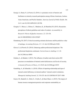 113
George, S., Duran, N., & Norris, K. (2014). A systematic review of barriers and
facilitators to minority research participation among African Americans, Latinos,
Asian Americans, and Pacific Islanders. American Journal of Public Health, 104,
16-31. doi:10.2105/AJPH.2013.301706
Giorgini, V., Mecca, J., Gibson, C., Medeiros, K., & Mumford, M. (2015). Researcher
perceptions of ethical guidelines and codes of conduct. Accountability in
Research: Policies & Quality Assurance, 22, 123-138.
doi:10.1080/08989621.2014.955607
Glendening, M. (2017). Critical accounting estimate disclosures and the predictive value
of earnings. Accounting Horizons, 31, 1-12. doi:10.2308/acch-51801.
Glover, S., & Prawitt, D. (2014). Enhancing auditor professional skepticism: The
professional skepticism continuum. Current Issues in Auditing, 8, 1-10.
doi:10.2308/ciia-50895
Graham, L., & Bedard, J. (2013). The influence of auditor and client section 404
processes on remediation of internal control deficiencies at all levels of severity.
A Journal of Practice & Theory, 32, 45-69. doi:10.2308/ajpt-10355
Grambling, A., & Schneider, A. (2018). Effects of reporting relationship and type of
internal control deficiency on internal auditors’ internal control evaluations.
Managerial Auditing Journal, 33, 318-335. doi:10.1108/MAJ-07-2017-1606
Guerci, M., Radaelli, G., Siletti, E., Cirella, S., & Rami Shani, A. (2015). The impact of
human resource management practices and corporate sustainability on
 