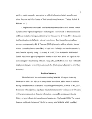 2
publicly traded companies are required to publish information in their annual reports
about the scope and effectiveness of their internal control structure (Yuping, Bedard, &
Hoitash, 2017).
Companies have realized it is safer and cheaper to establish their internal control
systems as they represent a protective barrier against various kinds of data manipulation
and fraud inside their companies (Dimitrijevic, Milovanovic, & Vesna, 2015). Companies
that have implemented effective internal controls over their financial reporting have
stronger earnings quality (He & Thornton, 2013). Companies without a healthy internal
control system in place are more likely to experience challenges, such as impairments in
their financial reporting (Feng, Li, McVay, & Skaife, 2015). Companies with internal
control weaknesses typically experience declines in their stock prices and capital as well
as more negative credit ratings (Balsam, Jiang, & Lu, 2014). Businesses must continue to
implement strategies to meet the requirements for effective internal control in all of their
processes.
Problem Statement
The enforcement mechanisms surrounding SOX 404 fail to provide strong
incentives to detect and disclose existing control weaknesses, which results in investors
having limited awareness of potential accounting problems (Rice, Webber, & Wu, 2015).
Companies who experience significant material internal control weaknesses in 404 audits
will have misstatements in financial information compared to companies without a
history of reported material internal control weaknesses (Myllymaki, 2014). The general
business problem is that some CFOs fail to comply with SOX 404, which may likely
 