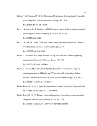 123
Palmer, T. & Flanagan, D. (2016). The sustainable company: looking at goals for people,
planet and profits. Journal of Business Strategy, 37, 28-38.
doi:10.1108/JBS-09-2015-0095
Park, J., & Matkin, D., & Marlowe, J. (2017). Internal control deficiencies and municipal
borrowing costs. Public Budgeting & Finance, 37, 88-111.
doi:10.1111/pbaf.12120
Park, J., & Park, M. (2016). Qualitative versus quantitative research methods: Discovery
or justification? Journal of Marketing Thought, 3, 1-7.
doi:10.15577/jmt.2016.03.01.1
Patelli, L., & Pedrini, M. (2015). Is tone at the top associated with financial reporting
aggressiveness? Journal of Business Ethics, 126, 3-19.
doi:10.1007/s10551-013-1994-6
Paulus, T., Woods, M., Atkins, D., & Macklin, R. (2017). The discourse of QDAS:
reporting practices of ATLAS.ti and NVivo users with implications for best
practices. International Journal of Social Research Methodology, 20, 1, 35-47.
doi:10.1080/13645579.2015.1102454
Peltier-Rivest, D. (2018). A model for preventing corruption. Journal of Financial Crime,
25, 545-561. doi:10.1108/JFC-11-2014-0048.
Peltier-Rivest, D. (2017). The prevention and detection of corruption in pharmaceutical
companies. Pharmaceuticals Policy & Law, 19, 17-31.
doi:10.1080/15555240.2016.127378210.3233/PPL-170451
 