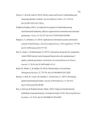 124
Perryer, C., & Scott-Ladd, B. (2014). Deceit, misuse and favours: Understanding and
measuring attitudes to ethichs. Journal of Business Ethics, 121, 123-134.
doi:10.1007/10551-012-1593-y
Pradhan & Pradhan, (2015). An empirical investigation of relationship among
transformational leadership, affective organizational commitment and contextual
performance. Vision, 19, 227-235. doi:10.1177/0972262915597089
Radojeciv, T., & Radovic, N. (2014). Application of information systems and internal
controls in hotel business. Journal of Applied Science, 2014 supplement, 777-780.
doi:10.15308/sinteza-2014-777-781
Rae, K., Sands, J., & Subramaniam, N. (2017). Associations among the five components
within COSO internal control-integrated framework as the underpinning of
quality corporate governance. Australasian Accounting Business & Finance
Journal, 11, 28-54. doi:10.14453/aabfj.v11i1.4
Raich, M., Muller, J., & Abfalter, D. (2014). Hybrid analysis of textual data.
Management Decision, 52, 737-754. doi:10.1108/MD-03-2012-0247
Ramsey, J., Rutti, R., Lorenz, M., Barakat, L., & Sant’anna, A., (2017). Developing
global transformational leaders. Journal of World Business, 52, 461-473.
doi:10.1016/j.jwb.2016.06.002
Rao, A. Srinivasa & Waheed, Kareem Abdul., (2015). Impact of transformational
leadership on team performance: An empirical study in UAE. Measuring Business
Excellence, 19, 30-56. doi:10.1108/MBE-07-2014-0022
 
