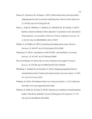 131
Warren, D., Peytcheva, M., & Gaspar, J. (2015). When ethical tones at the top conflict:
Adapting priority rules to reconcile conflicting tones. Business Ethics Quarterly,
25, 559-582. doi:10.1017/beq.2015.40
Watts, L., Todd, M., Mulhearn, T., Medeiros, K., Mumford, M., & Connelly, S. (2017).
Quality evaluation methods in ethics education: A systematic review and analysis
of best practices. Accountability in Research: Policies & Quality Assurance, 24,
4, 225-252. Doi:10.1080/08989621.2016.1274975
Webber, S., & Webber, D. (2015). Launching and leading intense teams. Business
Horizons, 58, 449-457. doi:10.1016/j.bushor.2015.03.009
Wedemeyer, P. (2014). A perspective on the PCAOB – past and future. Accounting
Horizons, 28, 937-947. doi:10.2308/acch-50889
Wee, B. & Banister, D. (2016). How to write a literature review paper? Transport
Reviews, 36, 278-288. doi:10.1080/01441647.2015.1065456
Whitehead, J., Weddell, M., & Groothuis, P. (2016). Mitigating hypothetical bias in
stated preference data: Evidence from sports tourism. Economic Inquiry, 54, 605-
611. doi:10.1111/ecin.12253
Wilbanks, D. (2016). The Sarbanes-Oxley Act. Professional Safety, 2, 23-25. Retrieved
from http://www.asse.org/professional-safety.
Williams, R., Raffo, D., & Clark, D. (2018). Charisma as an attribute of transformational
leaders: what about credibility? Journal of Management Development, 37, 512-
524. doi:10.1108/JMD-03-2018-0088
 