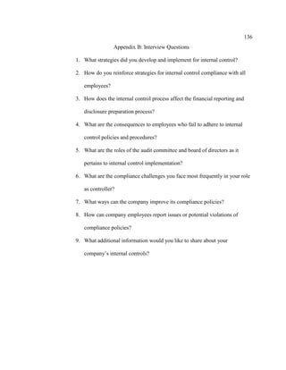 136
Appendix B: Interview Questions
1. What strategies did you develop and implement for internal control?
2. How do you reinforce strategies for internal control compliance with all
employees?
3. How does the internal control process affect the financial reporting and
disclosure preparation process?
4. What are the consequences to employees who fail to adhere to internal
control policies and procedures?
5. What are the roles of the audit committee and board of directors as it
pertains to internal control implementation?
6. What are the compliance challenges you face most frequently in your role
as controller?
7. What ways can the company improve its compliance policies?
8. How can company employees report issues or potential violations of
compliance policies?
9. What additional information would you like to share about your
company’s internal controls?
 
