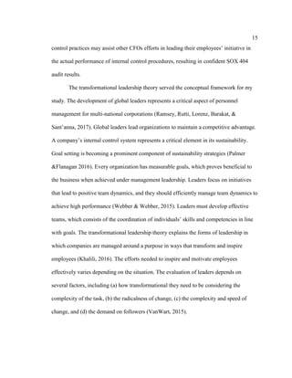 15
control practices may assist other CFOs efforts in leading their employees’ initiative in
the actual performance of internal control procedures, resulting in confident SOX 404
audit results.
The transformational leadership theory served the conceptual framework for my
study. The development of global leaders represents a critical aspect of personnel
management for multi-national corporations (Ramsey, Rutti, Lorenz, Barakat, &
Sant’anna, 2017). Global leaders lead organizations to maintain a competitive advantage.
A company’s internal control system represents a critical element in its sustainability.
Goal setting is becoming a prominent component of sustainability strategies (Palmer
&Flanagan 2016). Every organization has measurable goals, which proves beneficial to
the business when achieved under management leadership. Leaders focus on initiatives
that lead to positive team dynamics, and they should efficiently manage team dynamics to
achieve high performance (Webber & Webber, 2015). Leaders must develop effective
teams, which consists of the coordination of individuals’ skills and competencies in line
with goals. The transformational leadership theory explains the forms of leadership in
which companies are managed around a purpose in ways that transform and inspire
employees (Khalili, 2016). The efforts needed to inspire and motivate employees
effectively varies depending on the situation. The evaluation of leaders depends on
several factors, including (a) how transformational they need to be considering the
complexity of the task, (b) the radicalness of change, (c) the complexity and speed of
change, and (d) the demand on followers (VanWart, 2015).
 