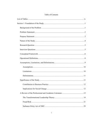 i
Table of Contents
List of Tables ..................................................................................................................... iv
Section 1: Foundation of the Study......................................................................................1
Background of the Problem ...........................................................................................1
Problem Statement.........................................................................................................2
Purpose Statement..........................................................................................................3
Nature of the Study........................................................................................................4
Research Question .........................................................................................................5
Interview Questions .......................................................................................................5
Conceptual Framework..................................................................................................6
Operational Definitions..................................................................................................8
Assumptions, Limitations, and Delimitations................................................................9
Assumptions.......................................................................................................... 10
Limitations............................................................................................................ 10
Delimitations......................................................................................................... 11
Significance of the Study.............................................................................................11
Contribution to Business Practice......................................................................... 12
Implications for Social Change............................................................................. 12
A Review of the Professional and Academic Literature..............................................13
The Transformational Leadership Theory ............................................................ 14
Fraud Risk............................................................................................................. 21
Sarbanes Oxley Act of 2002 ................................................................................. 29
 
