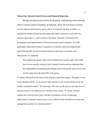 77
Theme One: Internal Control Process and Financial Reporting
Management has the responsibility for designing, implementing, and maintaining
effective internal controls (Grambling, & Schneider, 2018). The first theme to emerge
was the internal control process and its effects on financial reporting. In Table 1, I
reported the number of times the participants provided a reference to each interview
question. Questions 1, 3, and 5 related to this theme. Question 1 pertained to the
development and implementation of financial internal control strategies. All of the
participants shared their extensive experiences in internal control development and
agreed that periodic reviews of internal controls could ensure consistency and
effectiveness. P1 explained:
The company has grown, and we have beefed up our systems quite a bit so that
now we have specific resources tied to internal controls and our employees have
the responsibility in maintaining the internal control framework and to review and
test the output from the other folks in the group.
P1 further elaborated on the status of the company controls by stating, “Through a review
of our internal controls, we can answer what controls we say we had and did we do the
controls and perform them?” P2 mentioned, “We focus on the process and objectives of
internal control as we implement our internal control system.” P3 stated, “Internal
controls are reviewed twice a year, and then we perform a review of operating
effectiveness on internal controls twice a year, with the results included in our year-end
management assertion over internal controls.”
 