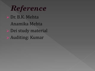  Dr. B.K. Mehta
Anamika Mehta
 Dei study material
 Auditing: Kumar
 