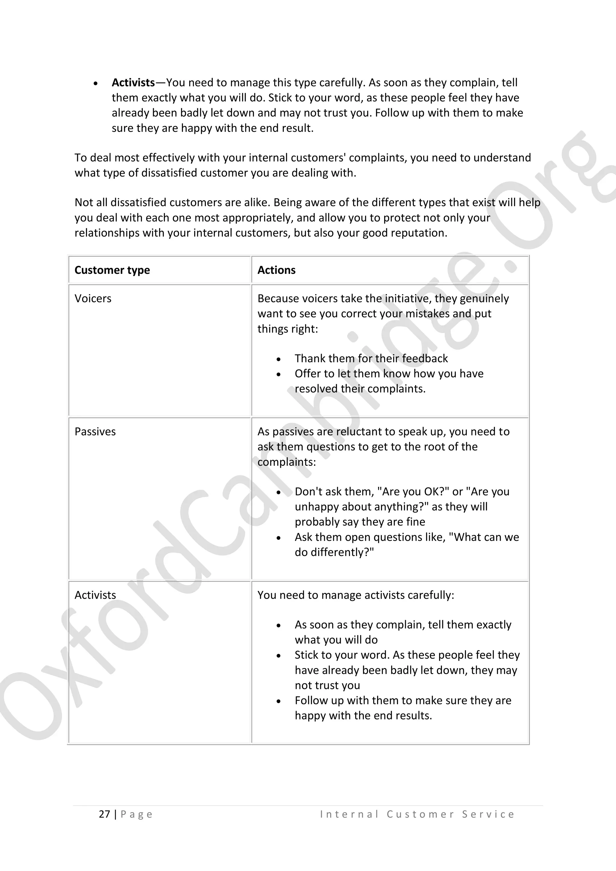 

Activists—You need to manage this type carefully. As soon as they complain, tell
them exactly what you will do. Stick to your word, as these people feel they have
already been badly let down and may not trust you. Follow up with them to make
sure they are happy with the end result.

To deal most effectively with your internal customers' complaints, you need to understand
what type of dissatisfied customer you are dealing with.
Not all dissatisfied customers are alike. Being aware of the different types that exist will help
you deal with each one most appropriately, and allow you to protect not only your
relationships with your internal customers, but also your good reputation.
Customer type

Actions

Voicers

Because voicers take the initiative, they genuinely
want to see you correct your mistakes and put
things right:



Passives

As passives are reluctant to speak up, you need to
ask them questions to get to the root of the
complaints:




Activists

Don't ask them, "Are you OK?" or "Are you
unhappy about anything?" as they will
probably say they are fine
Ask them open questions like, "What can we
do differently?"

You need to manage activists carefully:





27 | P a g e

Thank them for their feedback
Offer to let them know how you have
resolved their complaints.

As soon as they complain, tell them exactly
what you will do
Stick to your word. As these people feel they
have already been badly let down, they may
not trust you
Follow up with them to make sure they are
happy with the end results.

Internal Customer Service

 