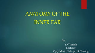 ANATOMY OF THE
INNER EAR
By:
Y.V Vanaja
Lecturer
Vijay Marie College of Nursing
 