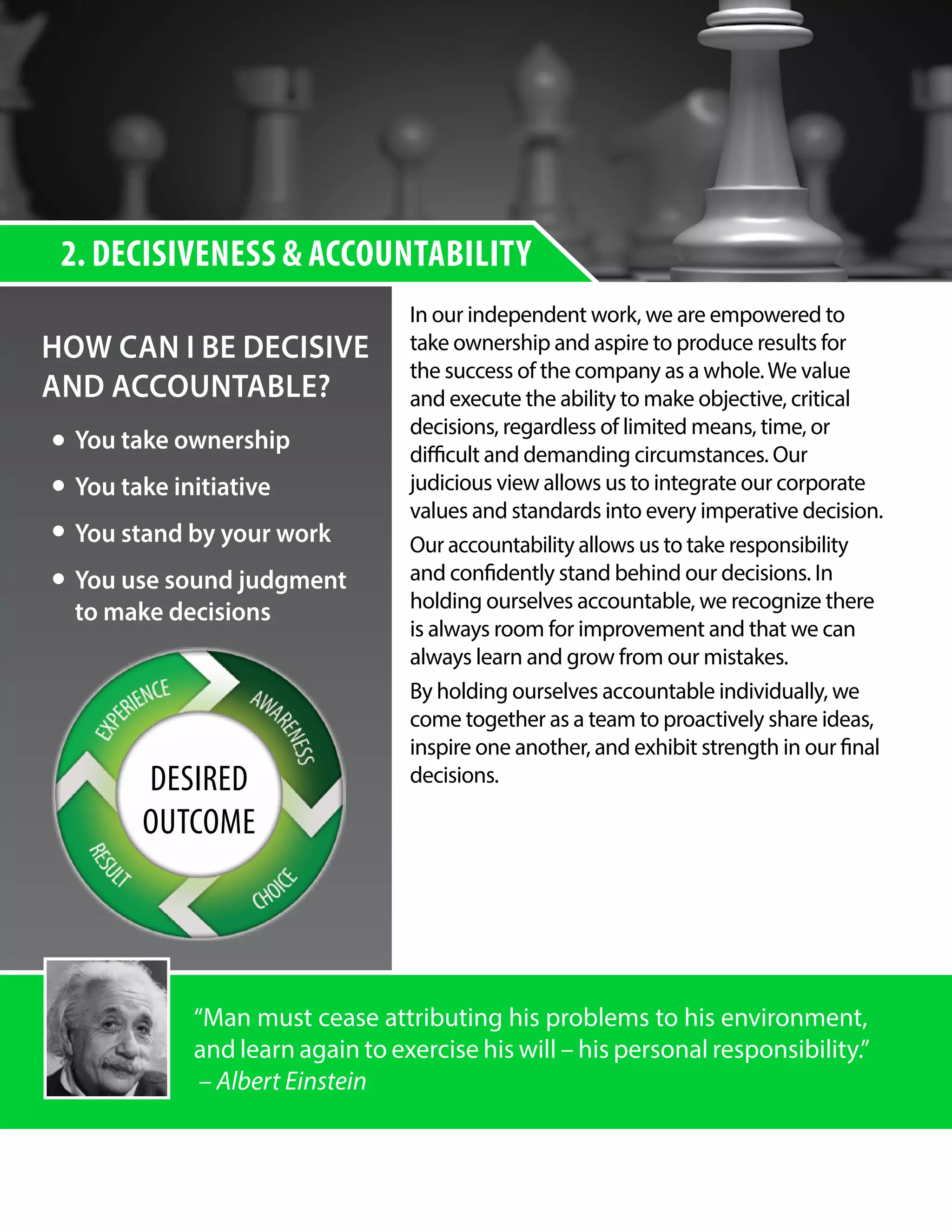 2. DECISIVENESS & ACCOUNTABILITY
HOW CAN I BE DECISIVE
AND ACCOUNTABLE?
In our independent work, we are empowered to
take ownership and aspire to produce results for
the success of the company as a whole.We value
and execute the ability to make objective, critical
decisions, regardless of limited means, time, or
difficult and demanding circumstances. Our
judicious view allows us to integrate our corporate
values and standards into every imperative decision.
Our accountability allows us to take responsibility
and confidently stand behind our decisions. In
holding ourselves accountable, we recognize there
is always room for improvement and that we can
always learn and grow from our mistakes.
By holding ourselves accountable individually, we
come together as a team to proactively share ideas,
inspire one another, and exhibit strength in our final
decisions.
You take ownership
You take initiative
You stand by your work
You use sound judgment
to make decisions
DESIRED
OUTCOME
“Man must cease attributing his problems to his environment,
and learn again to exercise his will – his personal responsibility.”
– Albert Einstein
 