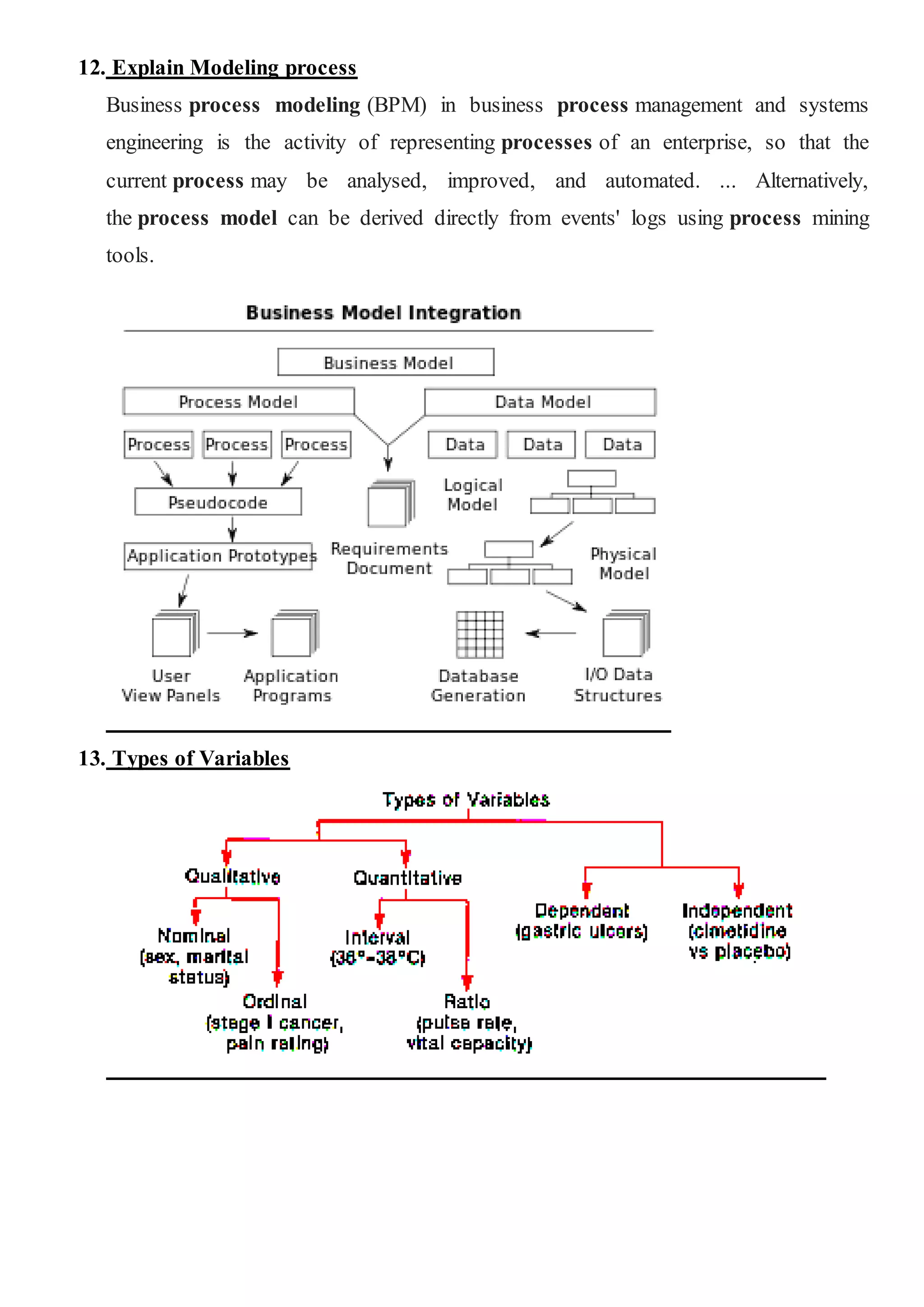12. Explain Modeling process
Business process modeling (BPM) in business process management and systems
engineering is the activity of representing processes of an enterprise, so that the
current process may be analysed, improved, and automated. ... Alternatively,
the process model can be derived directly from events' logs using process mining
tools.
13. Types of Variables
 