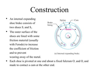Construction 
 An internal expanding 
shoe brake consists of 
two shoes S1 and S2. 
 The outer surface of the 
shoes are lined with some 
friction material (usually 
with Ferodo) to increase 
the coefficient of friction 
and to prevent 
wearing away of the metal. 
 Each shoe is pivoted at one end about a fixed fulcrum O1 and O2 and 
made to contact a cam at the other end. 
 