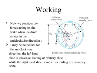 Working 
 Now we consider the 
forces acting on the 
brake when the drum 
rotates in the 
anticlockwise direction : 
 It may be noted that for 
the anticlockwise 
direction, the left hand 
shoe is known as leading or primary shoe 
while the right hand shoe is known as trailing or secondary 
shoe. 
 