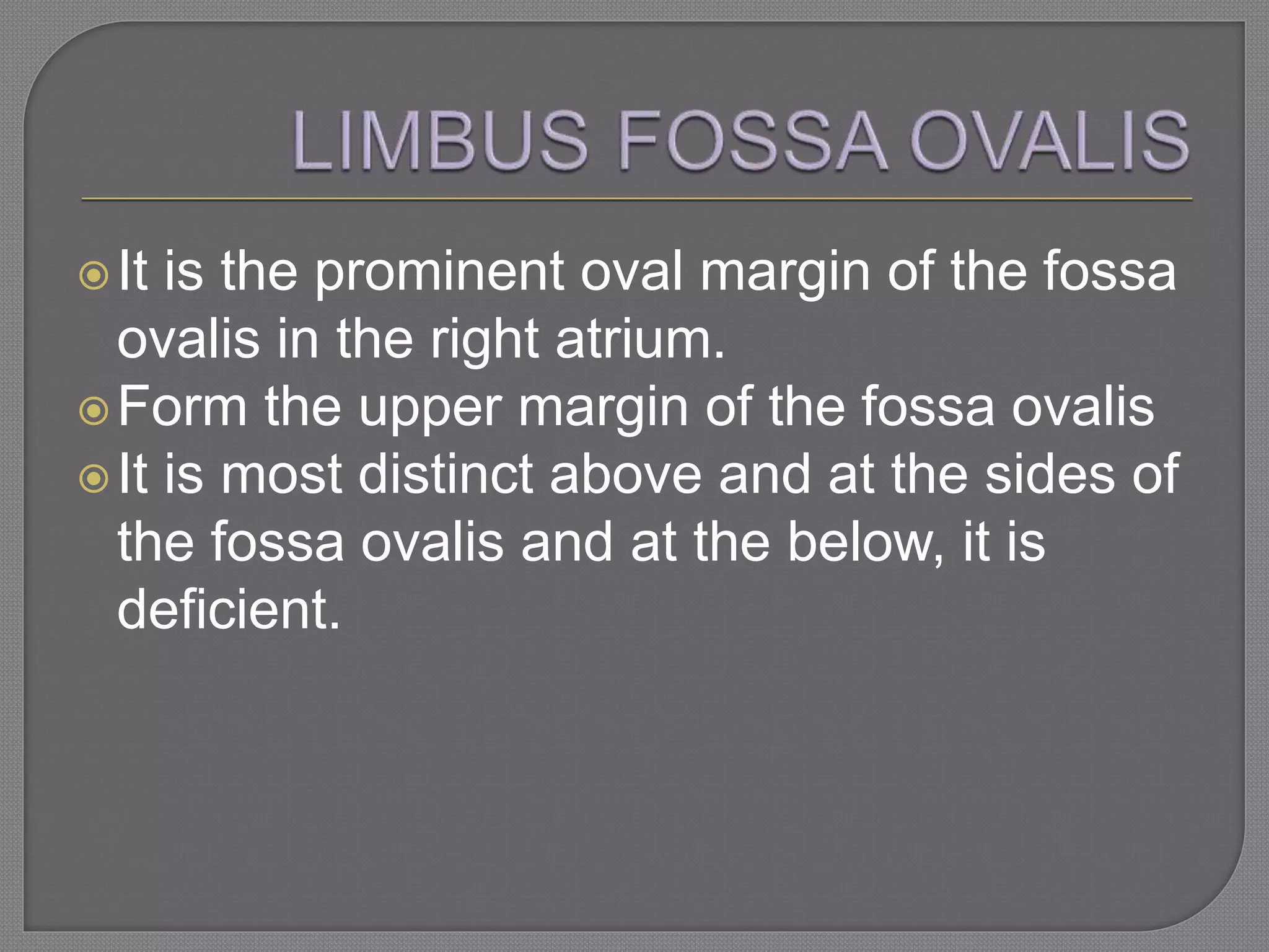 It is the prominent oval margin of the fossa
ovalis in the right atrium.
Form the upper margin of the fossa ovalis
It is most distinct above and at the sides of
the fossa ovalis and at the below, it is
deficient.
 