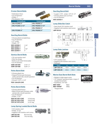 353
INTERIORHARDWARE
Barrel Bolts
Gemlux Barrel Bolts
316 cast stainless steel
Slim line design
Built-in anti-rattle friction plate
Use #6 fasteners
GEM 3301485 3-1/2" x 1"
GEM 3301486 4-3/4" x 1"
Sea-Dog Barrel Bolt
Length: 2-7/8", striker: 3/4", H: 1/2"
Chrome plated sand cast brass
Use #6 fasteners
SED 222522-1
Perko Barrel Bolts
Chrome plated bronze
Black friction pad eliminates rattle
and provides smooth operation
Use #6 fasteners
Width: 1-7/16"
PER 947-DP1-CHR 3-7/16" long
PER 947-DP2-CHR 4-5/16" long
PER 947-DP3-CHR 5-1/4" long
Lamp Spring Loaded Barrel Bolts
18-8 stainless steel
Width: 33 mm
Supplied with stainless steel screws
LMP BLS-60 85.4 mm long
LMP BLS-90 115.4 mm long
Sea-Dog Barrel Bolts
Chrome plated extruded brass
Use #6 fasteners
1/2" striker
Height: 3/8"
SED 222500-1 1-1/2"
SED 222501-1 2"
SED 222502-1 2-1/2"
SED 222503-1 3"
Cruiser Barrel Bolts
Solid drawn brass
Use #4 fasteners
Width: 1"
Pin diameter: 5/16"
Chrome/Brass Polished/Brass
CRU PC2002 2" CRU PB2002 2"
CRU PC2002 2-1/2" CRU PB2002 2-1/2"
- CRU PB2002 3"
CRU PC2002 4" CRU PB2002 4"
Perko Barrel Bolt
Chrome plated zinc
Integral friction pad eliminates
rattles and provides smooth operation
Use #8 fasteners
Overall: 3-3/8" x 1-1/4"
PER 1244-DP-CHR
Lamp Slide Bar Catch
Supplied with stainless steel screws
LMP KR-50
Marine East Barrel Bolt Slots
Molded in high-impact nylon
3/8" diameter opening accepts a range of
standard barrel bolts
Installation: 5/8" hole
MEP 4400* Black
MEP 4400W* White
* Request Item
Nylon Slot Only
Lamp Gate Latches
18-8 stainless steel
Supplied with stainless steel screws
Packaged
Part # A B C D
LMP SSG-45 14mm 21mm 45mm 25mm
LMP SSG-65 20mm 30mm 65mm 33mm
 