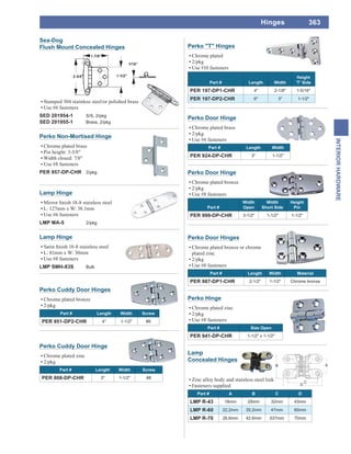363
INTERIORHARDWARE
Hinges
Lamp
Concealed Hinges
Zinc alloy body and stainless steel link
Fasteners supplied
Part # A B C D
LMP R-43 18mm 29mm 32mm 43mm
LMP R-60 22.2mm 35.2mm 47mm 60mm
LMP R-70 26.6mm 42.6mm 537mm 70mm
Perko Cuddy Door Hinge
Chrome plated zinc
2/pkg
Part # Length Width Screw
PER 808-DP-CHR 3" 1-1/2" #8
Perko Cuddy Door Hinges
Chrome plated bronze
2/pkg
Part # Length Width Screw
PER 951-DP2-CHR 4" 1-1/2" #8
Perko Door Hinges
Chrome plated bronze or chrome
plated zinc
2/pkg
Use #8 fasteners
Part # Length Width Material
PER 987-DP1-CHR 2-1/2" 1-1/2" Chrome bronze
Perko Door Hinge
Chrome plated brass
2/pkg
Use #6 fasteners
Part # Length Width
PER 924-DP-CHR 3" 1-1/2"
Perko Door Hinge
Chrome plated bronze
2/pkg
Use #8 fasteners
Part #
Width
Open
Width
Short Side
Height
Pin
PER 999-DP-CHR 3-1/2" 1-1/2" 1-1/2"
Perko "T" Hinges
Chrome plated
2/pkg
Use #10 fasteners
Part # Length Width
Height
'T' Side
PER 197-DP1-CHR 4" 2-1/8" 1-5/16"
PER 197-DP2-CHR 6" 3" 1-1/2"
Lamp Hinge
L: 127mm x W: 38.1mm
Use #6 fasteners
LMP MA-5 2/pkg
Lamp Hinge
L: 81mm x W: 30mm
Use #8 fasteners
LMP SMH-83S Bulk
Perko Hinge
Chrome plated zinc
2/pkg
Use #8 fasteners
Part # Size Open
PER 941-DP-CHR 1-1/2" x 1-1/2"
Sea-Dog
Flush Mount Concealed Hinges
Stamped 304 stainless steel/or polished brass
Use #6 fasteners
SED 201954-1 S/S, 2/pkg
SED 201955-1 Brass, 2/pkg
Perko Non-Mortised Hinge
Chrome plated brass
Pin height: 3-3/8"
Width closed: 7/8"
Use #8 fasteners
PER 957-DP-CHR 2/pkg
 