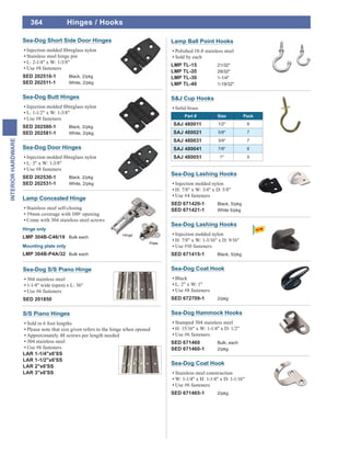 364
INTERIORHARDWARE
Sea-Dog Coat Hook
Black
L: 2" x W: 1"
Use #8 fasteners
SED 672709-1 2/pkg
Lamp Ball Point Hooks
Polished 18-8 stainless steel
Sold by each
LMP TL-15 21/32"
LMP TL-20 29/32"
LMP TL-30 1-1/4"
LMP TL-40 1-19/32"
S&J Cup Hooks
Solid brass
Part # Size Pack
SAJ 480011 1/2" 8
SAJ 480021 5/8" 7
SAJ 480031 3/4" 7
SAJ 480041 7/8" 6
SAJ 480051 1" 5
S/S Piano Hinges
Sold in 6 foot lengths
Please note that size given refers to the hinge when opened
Approximately 48 screws per length needed
304 stainless steel
Use #6 fasteners
LAR 1-1/4"x6'SS
LAR 1-1/2"x6'SS
LAR 2"x6'SS
LAR 3"x6'SS
Sea-Dog S/S Piano Hinge
304 stainless steel
1-1/4" wide (open) x L: 36"
Use #6 fasteners
SED 201850
Sea-Dog Lashing Hooks
Injection molded nylon
H: 7/8" x W: 3/4" x D: 5/8"
Use #4 fasteners
SED 671420-1 Black, 5/pkg
SED 671421-1 White 5/pkg
Sea-Dog Hammock Hooks
Stamped 304 stainless steel
H: 15/16" x W: 1-1/4" x D: 1/2"
Use #6 fasteners
SED 671460 Bulk, each
SED 671460-1 2/pkg
Lamp Concealed Hinge
Stainless steel self-closing
19mm coverage with 100o
opening
Come with 304 stainless steel screws
Hinge only
LMP 304B-C46/19 Bulk each
Mounting plate only
LMP 304B-P4A/32 Bulk each
Hinge
Plate
Sea-Dog Coat Hook
Stainless steel construction
W: 1-1/4" x H: 1-1/4" x D: 1-1/16"
Use #6 fasteners
SED 671465-1 2/pkg
Sea-Dog Short Side Door Hinges
Stainless steel hinge pin
L: 2-1/4" x W: 1-3/8"
Use #8 fasteners
SED 202510-1 Black, 2/pkg
SED 202511-1 White, 2/pkg
Sea-Dog Butt Hinges
L: 1-1/2" x W: 1-3/8"
Use #8 fasteners
SED 202580-1 Black, 2/pkg
SED 202581-1 White, 2/pkg
Sea-Dog Door Hinges
L: 3" x W: 1-3/8"
Use #8 fasteners
SED 202530-1 Black, 2/pkg
SED 202531-1 White, 2/pkg
Hinges / Hooks
Sea-Dog Lashing Hooks
Injection molded nylon
H: 7/8" x W: 1-3/16" x D: 9/16"
Use #10 fasteners
SED 671415-1 Black, 5/pkg
 