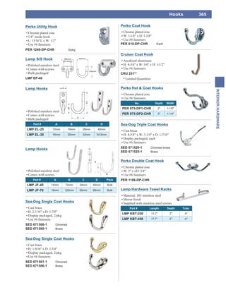 365
INTERIORHARDWARE
Hooks
Perko Coat Hook
Chrome plated zinc
W: 1-1/8" x D: 1-3/8"
Use #6 fasteners
PER 610-DP-CHR Each
Perko Double Coat Hook
Chrome plated zinc
W: 3" x xD: 3/4"
Use #6 fasteners
PER 1106-DP-CHR
Perko Hat & Coat Hooks
Chrome plated zinc
Use #6 fasteners
No. Depth Width
PER 975-DP1-CHR 2" 1-1/8"
PER 975-DP2-CHR 3" 1-1/4"
Lamp S/S Hook
Polished stainless steel
Comes with screws
Bulk packaged
LMP EP-40
Cruiser Coat Hook
Anodized aluminum
H: 4-3/4" x W: 3/4" x D: 1-1/2"
Use #6 fasteners
CRU 251**
**Limited Quantities
Lamp Hardware Towel Racks
Material: 303 stainless steel
Supplied with stainless steel screws
Part # Length Depth Tube
LMP KBT-350 13.7" 2" .4"
LMP KBT-450 17.7" 2" .4"
Sea-Dog Triple Coat Hooks
Cast brass
H: 4-5/8" x W: 3-1/4" x D: 1-7/16"
Display packaged, each
Use #6 fasteners
SED 671520-1 Chromed brass
SED 671525-1 Brass
Polished stainless steel
Comes with screws
Part # A B C D Pack
LMP JF-45 12mm 72mm 34mm 45mm Bulk
LMP JF-70 16mm 120mm 55mm 68mm Bulk
Lamp Hooks
Lamp Hooks
Polished stainless steel
Comes with screws
Bulk packaged
Part # A B C D
LMP EL-25 12mm 19mm 26mm 40mm
LMP EL-30 16mm 25mm 32mm 54.5mm
Perko Utility Hook
Chrome plated zinc
1/4" inside hook
L: 15/16"L x W: 1/2"
Use #6 fasteners
PER 1249-DP-CHR 5/pkg
Sea-Dog Single Coat Hooks
Cast brass
H: 2-1/16" x D: 1-7/8"
Display packaged, 2/pkg
Use #6 fasteners
SED 671500-1 Chromed
SED 671505-1 Brass
Sea-Dog Single Coat Hooks
Cast brass
H: 1-9/16" x D: 1-3/4"
Display packaged, 2/pkg
Use #6 fasteners
SED 671501-1 Chromed
SED 671506-1 Brass
 