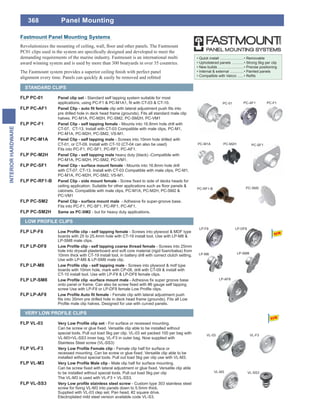 368
INTERIORHARDWARE
Fastmount Panel Mounting Systems
demanding requirements of the marine industry. Fastmount is an international multi
award winning system and is used by more than 300 boatyards in over 35 countries.
VL-F3
VL-M3
Panel Mounting
LP-F8
LP-M8 LP-SM8
LP-AF8
LP-DF8
VL-SS3
.......................
...........
.........................
.............
......
FLP LP-F8 - Screws into plywood & MDF type
boards with 25 to 25.4mm hole with CT-19 install tool. Use with LP-M8 &
LP-SM8 male clips.
FLP LP-DF8 - Screws into 25mm
hole into drywall plasterboard and soft core material (rigid foam/balsa) from
10mm thick with CT-19 install tool, in battery drill with correct clutch setting.
Use with LP-M8 & LP-SM8 male clip.
FLP LP-M8 - Screws into plywood & mdf type
boards with 10mm hole, mark with CP-08, drill with CT-09 & install with
CT-10 install tool. Use with LP-F8 & LP-DF8 female clips.
FLP LP-SM8
FLP LP-AF8 - Female clip with lateral adjustment push
Designed for use with curved panels.
LOW PROFILE CLIPS
FLP VL-03 - For surface or recessed mounting.
Versatile clip able to be installed without
special tools. Pull out load 5kg per clip. VL-03 set packed 100 per bag with
VL-M3+VL-SS3 inner bag, VL-F3 in outer bag. Now supplied with
Stainless Steel screw (VL-SS3)
FLP VL-F3 - Female clip half for surface or
Versatile clip able to be
installed without special tools. Pull out load 5kg per clip use with VL-M3.
FLP VL-M3 - Male clip half for surface mounting.
Versatile clip able
to be installed without special tools. Pull out load 5kg per clip
The VL-M3 is used with VL-F3 + VL-SS3.
FLP VL-SS3 - Custom type 303 stainless steel
Supplied with VL-03 clep set. Pan head, #2 square drive.
Electroplated mild steel version available code VL-S3.
VERY LOW PROFILE CLIPS
PC-SM2
PC-SF1
PC-F1
PC-M1A
PC-01
PC-M2H
FLP PC-01 Panel clip set - Standard self tapping system suitable for most
FLP PC-AF1
pre drilled hole in deck head frame (grounds). Fits all standard male clip
halves. PC-M1A, PC-M2H, PC-SM2, PC-SM2H, PC-VM1
FLP PC-F1 Panel Clip - self tapping female - Mounts into 16.8mm hole drill with
CT-07, CT-13. Install with CT-03 Compatible with male clips, PC-M1,
PC-M1A, PC-M2H, PC-SM2, VS-M1.
FLP PC-M1A Panel Clip - self tapping male - Screws into 10mm hole drilled with
CT-01, or CT-09. Install with CT-10 (CT-04 can also be used)
Fits into PC-F1, PC-SF1, PC-RF1, PC-AF1.
FLP PC-M2H Panel Clip - self tapping male heavy duty (black) -Compatible with
PC-M1A, PC-M2H, PC-SM2, PC-VM1.
FLP PC-SF1 Panel Clip - surface mount female - Mounts into 16.8mm hole drill
with CT-07, CT-13. Install with CT-03 Compatible with male clips, PC-M1,
PC-M1A, PC-M2H, PC-SM2, VS-M1.
FLP PC-RF1-B Panel Clip - side mount female
cabinets. Compatible with male clips, PC-M1A, PC-M2H, PC-SM2 &
PC-VM1
FLP PC-SM2 Panel Clip - surface mount male
Fits into PC-F1, PC-SF1, PC-RF1, PC-AF1.
FLP PC-SM2H Same as PC-SM2 - but for heavy duty applications.
STANDARD CLIPS
PC-RF1-B
PC-AF1
VL-03
 