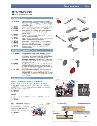 369
INTERIORHARDWARE
Panel Mounting
CT-08
CT-05
CT-09
CT-03
CT-01
CT-07
CT-10 CT-15
CP-01A
CT-06T
CP-08ST CT-19/20
FLP CP-01A Center point insert - Use to align holes in panel and
frame when using blind holes in panel. Fits 10mm blind
hole in panel (drilled with CT-09) or into PC-F1, PC-SF1,
PC-RF1 & PC-AF1.
FLP CT-01 10mm - For drilling through panel & pilot hole for CT-07.
FLP CT-03 For installation of self tapping female half PC-F1.
FLP CT-05 Panel removal tool - Stainless steel tool for removing
covered (upholstered) panels. Do not use with
painted panels.
FLP CT-07 Step drill - 16.8mm tungsten tipped for PC-F1, used to
drill out 10mm hole in frame.
FLP CT-09 Panel drill 10mm forstner type - To drill blind holes in the
back of painted panels. Use with CP-01.
FLP CT-10 Install tool for PC-M1A, PC-M2H, VS-M1, Panelsafe.
FLP CT-15
aluminium, or similar. drill hole with CT-07 then tap.
FLP CT-18 Installation jig for PC-RF1 - Drill guide for PC-RF1
mounting options
STANDARD TOOLS
FLP CP-08ST - Stainless
LP-F8 and LP-DF8. Used to mark hard panel materials
where plastic center point (CP-08) will not work.
FLP CT-19 Install tool (metal) for LP-F8 & LP-DF8 - Steel install
correct clutch setting.
FLP CT-20 Install tool (plastic) for LP-F8 & LP-DF8 - Red plastic
in battery drill with correct clutch setting. For normal use,
for large quantity installs use CT-19.
FLP VL-CP3 - Center point for very
centre in panel, for correct clip alignment. Has SS tip for
nylon molding.
LOW & VERY LOW PROFILE TOOLS
PC-F1Ax12, PC-M1Ax12, PC-M2Hx4, PC-SM2x4, PC-SM2H,
PC-VM1x4, PC-RF1x4, PC-SF1x4, CP-01Ax4, CT-01, CT-03, CT-
05, CT-07, CT-09, CT-10. Product information & CD with technical
details & installation information.
FLP CT-06T
Yard Kit
Includes: 1 x CT-01, 1 x CT-03, 1 x CT-04, 1 x CT-07 & 1 x CT-09.
FLP CT-08
INSTALLATION TOOL KITS
Includes 10xVL-F3, 10xVL-M3,
10xVL-SS3, 2xVL-CP with
metal tip, plus information pack
FLP VL-03T
VL-CP3
CT-18
 
