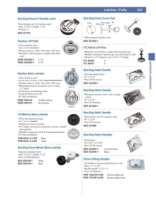 347
INTERIORHARDWARE
Latches / Pulls
Gemlux Lift Pulls
••Cast stainless steel
••••• • ••••• • ••••••••••••••
••Totally positive “shut” feel with a 180° turn
••Includes a backing plate, straight and offset
cams
GEM 3302260-1 3-1/2"
GEM 3302264-1 2-1/2"
Sea-Dog Flush Mount Slam Latches
••Injection molded nylon
••Dia: 2-7/16" x Depth: 1-1/2"
••Use #12 RH fasteners
SED 228120-1 White
SED 228125-1 Black
Sea-Dog Round T-Handle Latch
••Investment cast 316 stainless steel
••Dia: 2-7/16" x Depth: 1-3/8"
••Cutout: 2"
SED 221910
Gemlux Slam Latches
••Cast stainless steel
••• • ••• •••• •• •• ••••• • ••••• • •••••••••••••••••••••••••••••
••Totally positive “shut” feel with a 180° turn
••Mounting brackets for panels over or under
1/2" thick
••Locking or non-locking styles
••Long & short screw sets
••2" hole installation
GEM 3304152 Tumbler locking
GEM 3304151 Non-locking
3304151
3304152
T-H Marine Slam Latches
••Oval-top, nautical design
••• •• •• ••• ••••••••••••••
••Totally corrosion resistant
••UV stable, resistant to chemicals, acetone, alcohol
and gasoline.
••Stainless steel pawl catch & mounting hardware
••2" hole installation
THM NFSL-5-1-DP Black
THM NFSL-5-2-DP White
ITC Hatch Lift Pins
••Stainless steel lift pin, washer and retaining ring
••Rubber "grommet" protects gel coat and reduces rattle
••Head is 1-1/4" diameter, pin is 1/4" x 2" length
ITC 84250 3"
ITC 84251 2"
Sea-Dog Hatch Handles
••Cast brass
••2-15/16" x 2-13/16"
••Use #8 FH screws
SED 222425-1 Chromed brass
SED 222426-1 Brass
Sea-Dog Hatch Handle
••Investment cast 316 stainless steel
••3" x 2-1/8"
••Use #8 fasteners
SED 221860
Perko Lifting Handles
••Available in chrome plated brass or zinc
••Size: 3" x 2-1/4"
••Inside handle: 1-7/8" x 1"
••Use: #8 fasteners
PER 1220-DP-CHR Chrome plated zinc
PER 776-DP1-CHR Chrome plated brass
Sea-Dog Hatch Handle
••Stamped stainless steel, with a spring
return
••3" x 2-1/4"
••Use #8 fasteners
SED 221820-1
Sea-Dog Hatch Handle
••Chrome plated brass
••3" x 2-1/8"
••Use #8 FH screws
SED 222420-1
Sea-Dog Hatch Cover Pull
••304 stamped stainless steel
SED 221840-1
 