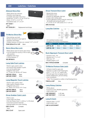 350
INTERIORHARDWARE
Lamp Rotary Catches
White plastic
Good for at least 300,000 operations
Sold in bulk, each
LMP 6900/WHT 1-1/8" wide
LMP 6901/WHT 1-7/32" wide
Lamp K-Catch
Natural white, 1-13/32"
Sold in bulk, each
LMP K-CATCH/WHT
TH Marine Pontoon Gate Latch
All parts install on gate only
Operates on right or left hinged gates
Fits 1”, 1 1/8” or 1 1/4” square tube
Prevents gate from swinging inward
Nylon molded parts, prevent rattling
Easy installation
*Note* Not designed as a safety or load bearing device.
THM GL-2-DP Grey
Buck Algonquin Transom Door Latch
Stainless steel - 316
Bracket size: 3" x 1-1/2"
Bolt size: 1/4"
Handle length: 6-1/4"
BUC 70TDLS-625SM Complete
Lamp Bar Catches
18-8 polished stainless steel
Supplied with stainless steel fasteners
Part # A B C D
LMP BL-80 65mm 53mm 20mm 84mm
LMP BL-100 80mm 66mm 25mm 105mm
Orcas Transom Door Latch
Spring bolt action
316 stainless steel
Features an adjustable slide bolt
Comes with a striker plate
the handle and turning the pawl
L: 4-3/16" (5-1/4" with catch) x H: 2" x D: 3/4"
ORC 9121322
Sierra Glove Box Lock
Black plastic lock for marine glove boxes
Can be locked for security or left in latch
only position
Supplied with 2 keys
Cutout diameter: 1"
SIE MP49410
Attwood Glove Box
Black plastic box and door
Stainless steel hinge pin
Lockable and comes with 2 keys
Inside box: 11-3/4" L x 4" W x 6-5/8" D
Door: 13-3/4" L x 5-1/2" W
Installation hole: 12" x 4-1/4"
ATT 2638-1
Parts:
ATT 2638-20-1 Replacement lock & keys
Latches / Catches
Lamp Safe Push Latches
Push to open, push to close
No need for door handles or pulls
Can not be pulled open
Supplied with screws
L: 71 mm x H: 40 mm x D" 16mm
LMP MC-37BLK Black
LMP MC-37WHT White
Lamp Magnetic Touch Latches
Push to open, push to close
May require a handle or knob
Supplied with screws
L: 38mm x H: 36 mm x D: 15 mm
LMP ML-80BLK Black
LMP ML-80WHT White
Orcas Grabber Catch Latch
Pull to open
Catch snaps into frame
Fits into frames from 1.1 (.043) to 7 (.276) thick
Corrosion-resistant materials
Spring-loaded over-centre latching
ORC C3-810 Complete
Parts:
ORC C3-97 Spare catch
TH Marine Glove Box
Non-locking cam latch
Stainless steel hinges
Hidden fasteners in frame size: outside 7-1/2" x 14-1/4"
THM GDS4-0714-1-DP Black
 