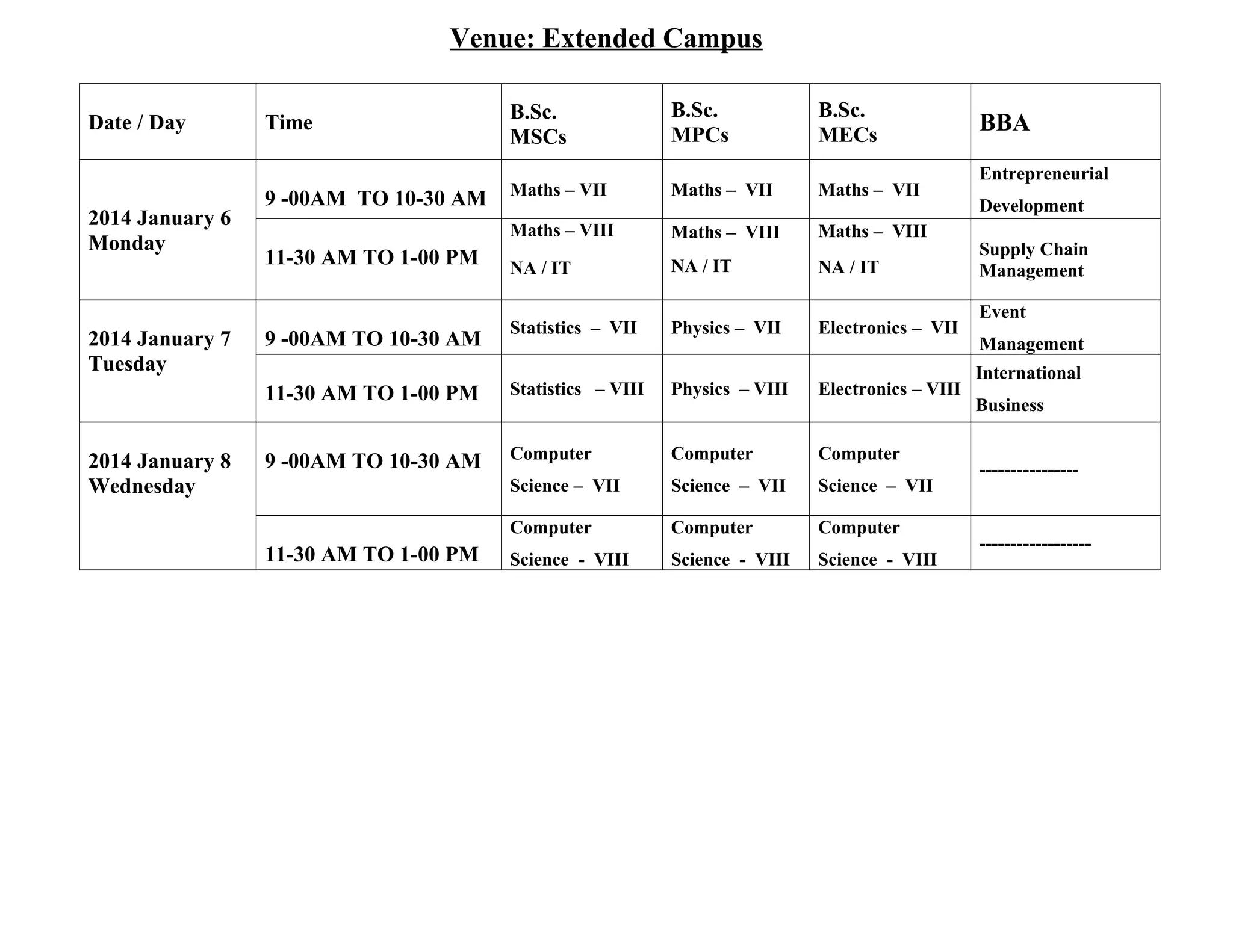 Venue: Extended Campus

2014 January 6
Monday

2014 January 7
Tuesday

2014 January 8
Wednesday

Time

B.Sc.
MSCs

B.Sc.
MPCs

B.Sc.
MECs

9 -00AM TO 10-30 AM

Maths – VII

Maths – VII

Maths – VII

Maths – VIII

Maths – VIII

Maths – VIII

NA / IT

NA / IT

NA / IT

9 -00AM TO 10-30 AM

Statistics – VII

Physics – VII

Electronics – VII

11-30 AM TO 1-00 PM

Date / Day

Statistics – VIII

Physics – VIII

Electronics – VIII

9 -00AM TO 10-30 AM

Computer

Computer

Computer

Science – VII

Science – VII

Science – VII

Computer

Computer

Computer

Science - VIII

Science - VIII

Science - VIII

11-30 AM TO 1-00 PM

11-30 AM TO 1-00 PM

BBA
Entrepreneurial
Development
Supply Chain
Management
Event
Management
International
Business
----------------

------------------

 