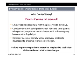 The Documents, Data and Email

Preservation: Documents, Data and Email

                            What Can Go Wrong?

                     Plenty -- if you are not prepared!

   Employees do not comply with the preservation directive.
   Company does not send preservation notice to third parties
    who possess responsive materials over which the company
    has control or legal right.
   Company does not comply with e-discovery protocols
    developed to preserve relevant information.

   Failure to preserve pertinent materials may lead to spoliation
                claims and even obstruction charges.
                                                                    22
 