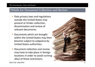 The Documents, Data and Email

Pitfalls for Document Collection and Review

   Data privacy laws and regulations
    outside the United States may
    prevent or hinder collection,
    dissemination and review of
    relevant documents.
   Documents which are brought
    within the United States may then
    become subject to subpoena by
    United States authorities.
   Document collection and review
    may have to take place in foreign
    locations in order to avoid running
    afoul of these restrictions.
                                              24
 