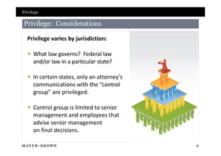 Privilege

 Privilege: Considerations

  Privilege varies by jurisdiction:

   What law governs? Federal law
    and/or law in a particular state?

   In certain states, only an attorney’s
    communications with the “control
    group” are privileged.

   Control group is limited to senior
    management and employees that
    advise senior management
    on final decisions.

                                            35
 