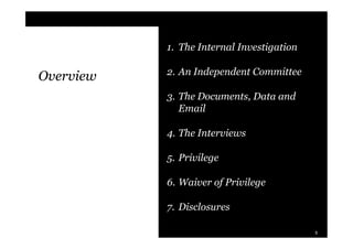 1. The Internal Investigation

           2. An Independent Committee
Overview
           3. The Documents, Data and
              Email

           4. The Interviews

           5. Privilege

           6. Waiver of Privilege

           7. Disclosures

                                           5
 