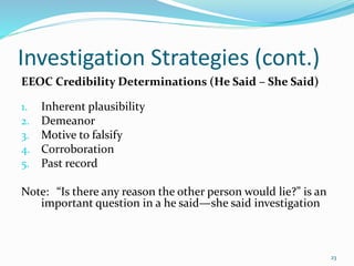 Investigation Strategies (cont.)
EEOC Credibility Determinations (He Said – She Said)
1. Inherent plausibility
2. Demeanor
3. Motive to falsify
4. Corroboration
5. Past record
Note: “Is there any reason the other person would lie?” is an
important question in a he said—she said investigation
23
 