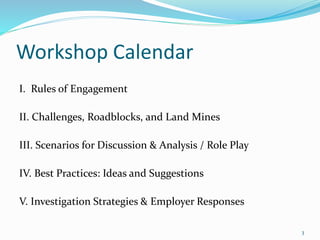 Workshop Calendar
I. Rules of Engagement
II. Challenges, Roadblocks, and Land Mines
III. Scenarios for Discussion & Analysis / Role Play
IV. Best Practices: Ideas and Suggestions
V. Investigation Strategies & Employer Responses
3
 
