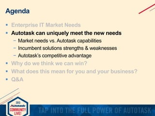 Agenda
 Enterprise IT Market Needs
 Autotask can uniquely meet the new needs
− Market needs vs. Autotask capabilities
− Incumbent solutions strengths & weaknesses
− Autotask’s competitive advantage

 Why do we think we can win?
 What does this mean for you and your business?
 Q&A

 
