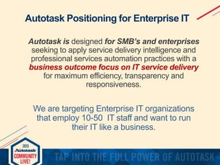 Autotask Positioning for Enterprise IT
Autotask is designed for SMB’s and enterprises
seeking to apply service delivery intelligence and
professional services automation practices with a
business outcome focus on IT service delivery
for maximum efficiency, transparency and
responsiveness.

We are targeting Enterprise IT organizations
that employ 10-50 IT staff and want to run
their IT like a business.

 