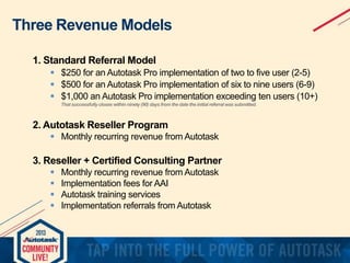 Three Revenue Models
1. Standard Referral Model
 $250 for an Autotask Pro implementation of two to five user (2-5)
 $500 for an Autotask Pro implementation of six to nine users (6-9)
 $1,000 an Autotask Pro implementation exceeding ten users (10+)
That successfully closes within ninety (90) days from the date the initial referral was submitted.

2. Autotask Reseller Program
 Monthly recurring revenue from Autotask

3. Reseller + Certified Consulting Partner





Monthly recurring revenue from Autotask
Implementation fees for AAI
Autotask training services
Implementation referrals from Autotask

 