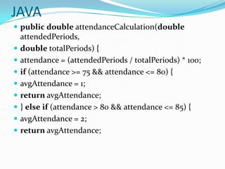 JAVA
 public double attendanceCalculation(double











attendedPeriods,
double totalPeriods) {
attendance = (attendedPeriods / totalPeriods) * 100;
if (attendance >= 75 && attendance <= 80) {
avgAttendance = 1;
return avgAttendance;
} else if (attendance > 80 && attendance <= 85) {
avgAttendance = 2;
return avgAttendance;

 