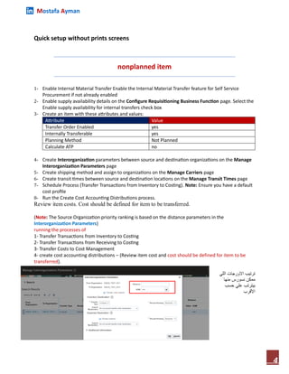 Mostafa Ayman
4
Quick setup without prints screens
nonplanned item
1- Enable Internal Material Transfer Enable the Internal Material Transfer feature for Self Service
Procurement if not already enabled
2- Enable supply availability details on the Configure Requisitioning Business Function page. Select the
Enable supply availability for internal transfers check box
3- Create an item with these attributes and values:
Attribute Value
Transfer Order Enabled yes
Internally Transferable yes
Planning Method Not Planned
Calculate ATP no
4- Create Interorganization parameters between source and destination organizations on the Manage
Interorganization Parameters page
5- Create shipping method and assign to organizations on the Manage Carriers page
6- Create transit times between source and destination locations on the Manage Transit Times page
7- Schedule Process (Transfer Transactions from Inventory to Costing). Note: Ensure you have a default
cost profile
8- Run the Create Cost Accounting Distributions process.
Review item costs. Cost should be defined for item to be transferred.
(Note: The Source Organization priority ranking is based on the distance parameters in the
Interorganization Parameters)
running the processes of
1- Transfer Transactions from Inventory to Costing
2- Transfer Transactions from Receiving to Costing
3- Transfer Costs to Cost Management
4- create cost accounting distributions – (Review item cost and cost should be defined for item to be
transferred).
‫اللي‬ ‫االورجات‬ ‫ترتيب‬
‫منها‬ ‫نسورس‬ ‫ممكن‬
‫حسب‬ ‫علي‬ ‫بيترتب‬
‫األقرب‬
 