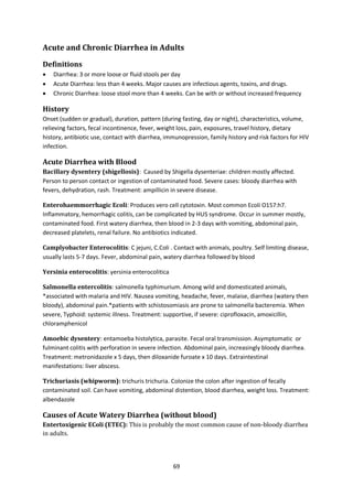 69
Acute and Chronic Diarrhea in Adults
Definitions
 Diarrhea: 3 or more loose or fluid stools per day
 Acute Diarrhea: less than 4 weeks. Major causes are infectious agents, toxins, and drugs.
 Chronic Diarrhea: loose stool more than 4 weeks. Can be with or without increased frequency
History
Onset (sudden or gradual), duration, pattern (during fasting, day or night), characteristics, volume,
relieving factors, fecal incontinence, fever, weight loss, pain, exposures, travel history, dietary
history, antibiotic use, contact with diarrhea, immunopression, family history and risk factors for HIV
infection.
Acute Diarrhea with Blood
Bacillary dysentery (shigellosis): Caused by Shigella dysenteriae: children mostly affected.
Person to person contact or ingestion of contaminated food. Severe cases: bloody diarrhea with
fevers, dehydration, rash. Treatment: ampillicin in severe disease.
Enterohaemmorrhagic Ecoli: Produces vero cell cytotoxin. Most common Ecoli O157:h7.
Inflammatory, hemorrhagic colitis, can be complicated by HUS syndrome. Occur in summer mostly,
contaminated food. First watery diarrhea, then blood in 2-3 days with vomiting, abdominal pain,
decreased platelets, renal failure. No antibiotics indicated.
Camplyobacter Enterocolitis: C jejuni, C.Coli . Contact with animals, poultry. Self limiting disease,
usually lasts 5-7 days. Fever, abdominal pain, watery diarrhea followed by blood
Yersinia enterocolitis: yersinia enterocolitica
Salmonella entercolitis: salmonella typhimurium. Among wild and domesticated animals,
*associated with malaria and HIV. Nausea vomiting, headache, fever, malaise, diarrhea (watery then
bloody), abdominal pain.*patients with schistosomiasis are prone to salmonella bacteremia. When
severe, Typhoid: systemic illness. Treatment: supportive, if severe: ciprofloxacin, amoxicillin,
chloramphenicol
Amoebic dysentery: entamoeba histolytica, parasite. Fecal oral transmission. Asymptomatic or
fulminant colitis with perforation in severe infection. Abdominal pain, increasingly bloody diarrhea.
Treatment: metronidazole x 5 days, then diloxanide furoate x 10 days. Extraintestinal
manifestations: liver abscess.
Trichuriasis (whipworm): trichuris trichuria. Colonize the colon after ingestion of fecally
contaminated soil. Can have vomiting, abdominal distention, blood diarrhea, weight loss. Treatment:
albendazole
Causes of Acute Watery Diarrhea (without blood)
Entertoxigenic EColi (ETEC): This is probably the most common cause of non-bloody diarrhea
in adults.
 