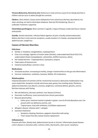 70
Viruses (Rotavirus, Norovirus etc): Rotarvirus is most common cause of non-bloody diarrhea in
children and can occur in adults (though less common.
Cholera: vibrio cholera. Causes severe dehydration from voluminous diarrhea, described as rice
stool, vomiting, can lead to electrolyte imbalance. Rare but life-threatening. Occurs in
outbreaks.Treatment: supportive
Clostridium perfringens: More common in Uganda. 2 types of disease simple diarrhea or nectroic
enterocolitis
Giardia: Giardia intestinalis. Infection follow ingestion of cysts in fecally contaminated water.
Watery diarrhea is most common symptoms, usually resolves in 2-4 weeks, accompanied with
abdominal pain, weight loss
Causes of Chronic Diarrhea
Infections
 Giardia, E. histolytica, stongyloidiasis, cryptosporidium
 Clues as to etiology: Ingestion of stream water (Giardia), undercooked beef (Ecoli O157:H7),
undercooked chicken (campylobacter, salmonella), shellfish (norovirus, vibrio).
 HIV related diarrhea – Cryptosporidium, Cyclospora, Isospora
 Tuberculosis of ileocecal area
 Intestinal works/flukes: common in Asia
Medications
 Increased secretion, increased gut motility, change in bacterial flora in the gut and inflammation.
 Common medications: antibiotics, lactulose, NSAIDs, HIV medications
Malabsorption
Impaired absorption of nutrients and fat. Intraluminal mucosal or obstructive malabsorption may
cause steatorrhea. Symptoms include voluminous pale, greasy, foul-smelling stools, flatulence,
abdominal distention, low albumin, anorexia, weight loss, nutritional deficits, glossitis, anemia.
Diarrhea improves with fasting.
 Bile salt deficiency: decrease synthesis: liver disease (cirrhosis)
 Pancreatic insufficiency: most commonly from chronic pancreatitis
 Mucosal abnormalities
o Celiac sprue: intestinal reaction to gliadin in gluten. Loss of villi and absorptive area. Can
present with iron deficiency anemia, rash
o Tropical sprue: treat with antibiotics, b12/folate replacement
 Whipple’s disease: infection with T. whipplei
 Lactulose intolerance
o Symptoms: bloating, flatulence, epigastric discomfort with eating
o Treat: lactose free diet, lactase enzyme replacement
Inflammatory
Presents with fever, bloody stool, abdominal pain (acute or chronic). Inflammatory bowel disease:
crohn’s disease or ulcerative colitis. Ischemic colitis, diverticulitis, colon cancer, lymphoma
 