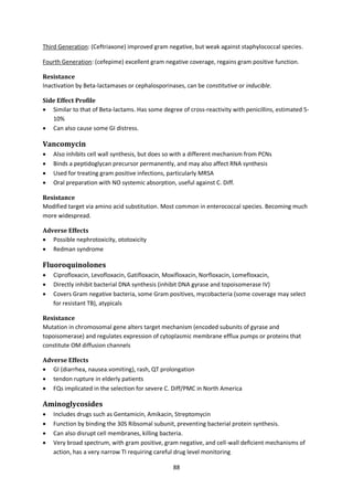 88
Third Generation: (Ceftriaxone) improved gram negative, but weak against staphylococcal species.
Fourth Generation: (cefepime) excellent gram negative coverage, regains gram positive function.
Resistance
Inactivation by Beta-lactamases or cephalosporinases, can be constitutive or inducible.
Side Effect Profile
 Similar to that of Beta-lactams. Has some degree of cross-reactivity with penicillins, estimated 5-
10%
 Can also cause some GI distress.
Vancomycin
 Also inhibits cell wall synthesis, but does so with a different mechanism from PCNs
 Binds a peptidoglycan precursor permanently, and may also affect RNA synthesis
 Used for treating gram positive infections, particularly MRSA
 Oral preparation with NO systemic absorption, useful against C. Diff.
Resistance
Modified target via amino acid substitution. Most common in enterococcal species. Becoming much
more widespread.
Adverse Effects
 Possible nephrotoxicity, ototoxicity
 Redman syndrome
Fluoroquinolones
 Ciprofloxacin, Levofloxacin, Gatifloxacin, Moxifloxacin, Norfloxacin, Lomefloxacin,
 Directly inhibit bacterial DNA synthesis (inhibit DNA gyrase and topoisomerase IV)
 Covers Gram negative bacteria, some Gram positives, mycobacteria (some coverage may select
for resistant TB), atypicals
Resistance
Mutation in chromosomal gene alters target mechanism (encoded subunits of gyrase and
topoisomerase) and regulates expression of cytoplasmic membrane efflux pumps or proteins that
constitute OM diffusion channels
Adverse Effects
 GI (diarrhea, nausea.vomiting), rash, QT prolongation
 tendon rupture in elderly patients
 FQs implicated in the selection for severe C. Diff/PMC in North America
Aminoglycosides
 Includes drugs such as Gentamicin, Amikacin, Streptomycin
 Function by binding the 30S Ribsomal subunit, preventing bacterial protein synthesis.
 Can also disrupt cell membranes, killing bacteria.
 Very broad spectrum, with gram positive, gram negative, and cell-wall deficient mechanisms of
action, has a very narrow TI requiring careful drug level monitoring
 