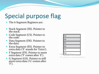 Special purpose flag
 The 6 Segment Registers are:
 Stack Segment (SS). Pointer to
the stack.
 Code Segment (CS). Pointer to
the code.
 Data Segment (DS). Pointer to
the data.
 Extra Segment (ES). Pointer to
extra data ('E' stands for 'Extra').
 F Segment (FS). Pointer to more
extra data ('F' comes after 'E').
 G Segment (GS). Pointer to still
more extra data ('G' comes after
'F').
 