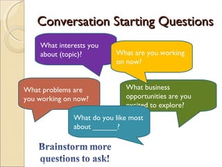 Conversation Starting Questions  What business opportunities are you excited to explore? What problems are you working on now? What interests you about (topic)? What do you like most about ______? What are you working on now? 