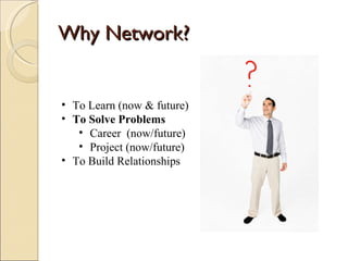 Why Network? To Learn (now & future) To Solve Problems  Career  (now/future) Project (now/future) To Build Relationships 